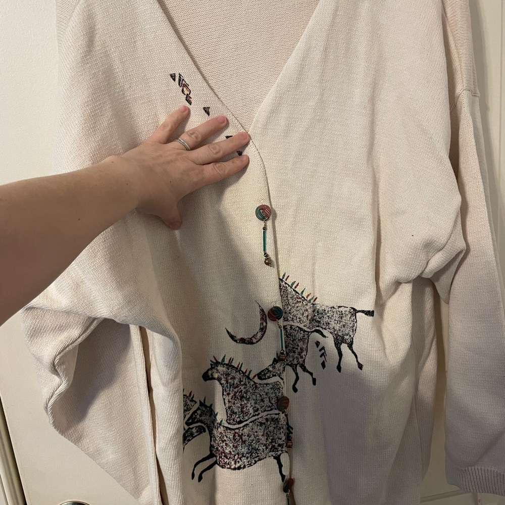 Coldwater Creek Cream and Black Cardigan with Intricate Floral Design